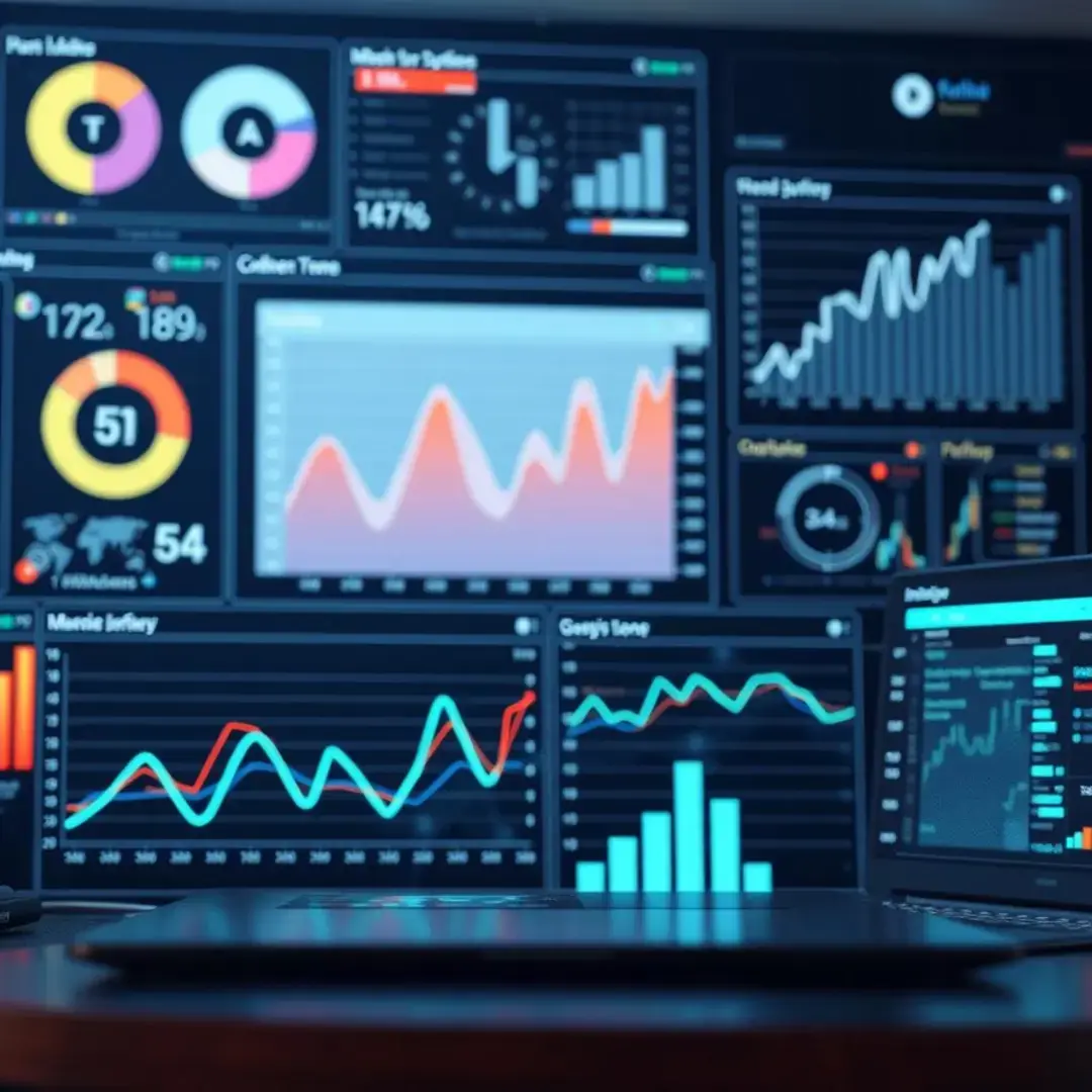 Graphs, data dashboards, AI algorithms analyzing customer behavior insights.