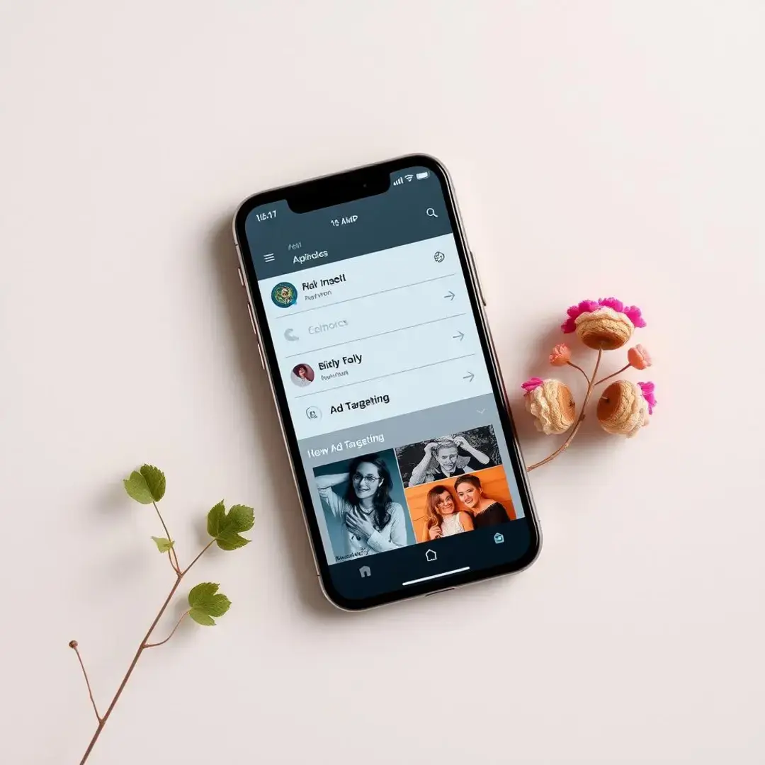 Smartphone screen displaying app options and ad targeting features.