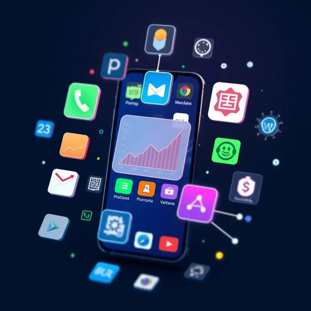 Various app icons, graphs, and AI symbols on screen.