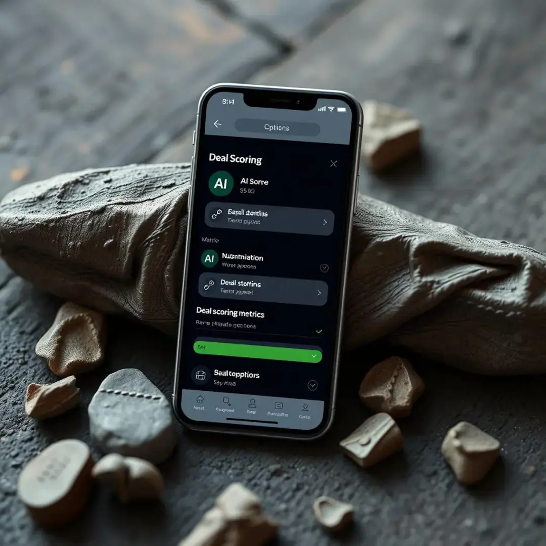 Smartphone screen displaying AI app options and deal scoring metrics.
