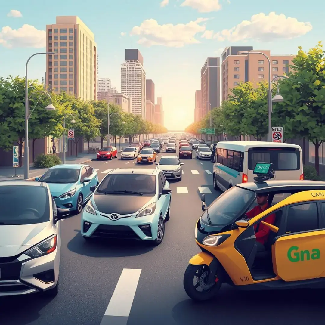 Innovative vehicles, ride-sharing apps, urban mobility solutions, sustainable transport.