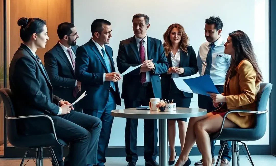 Diverse attorneys discussing contracts with a startup team.