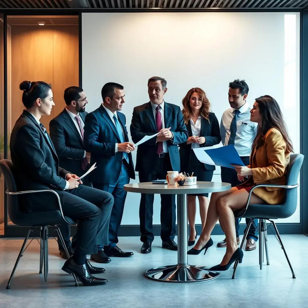 Diverse attorneys discussing contracts with a startup team.