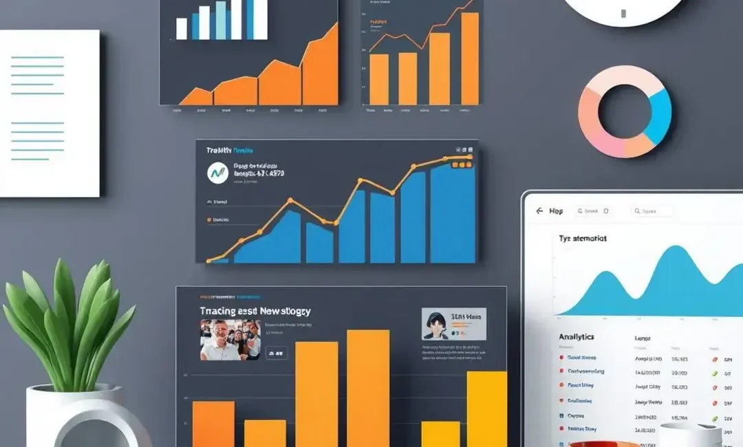 Charts showing traffic growth, blog articles, and analytics dashboard.