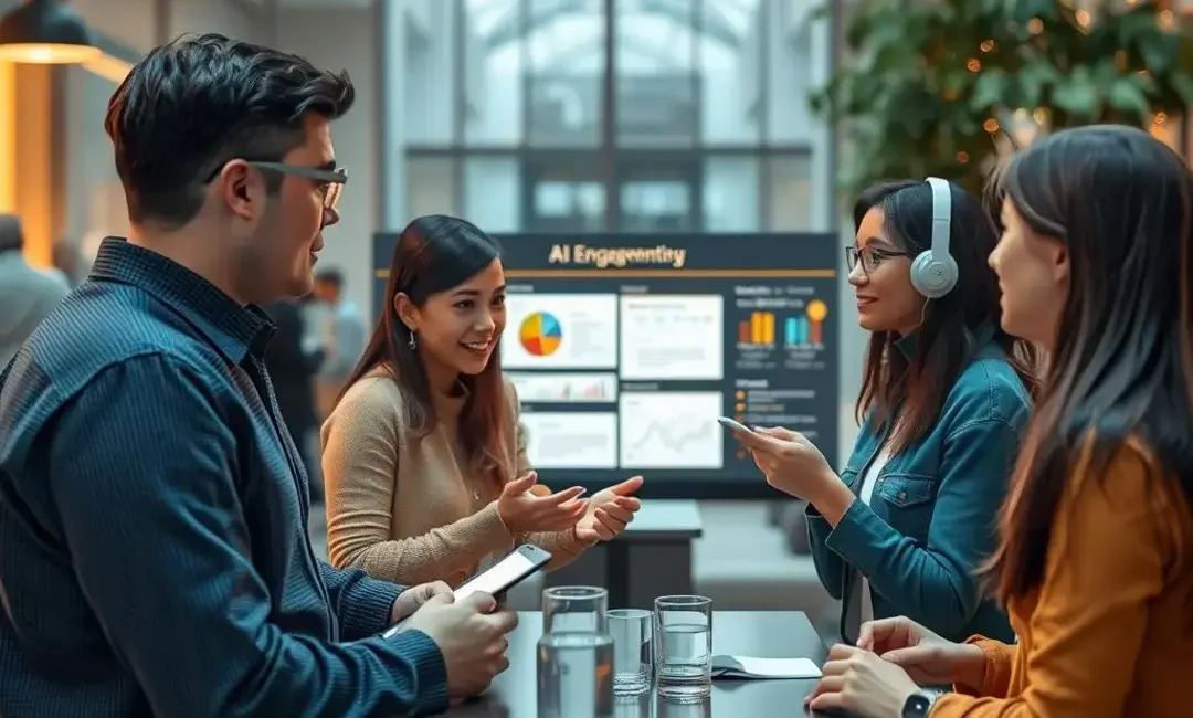 People discussing engagement surveys with AI tools displayed.