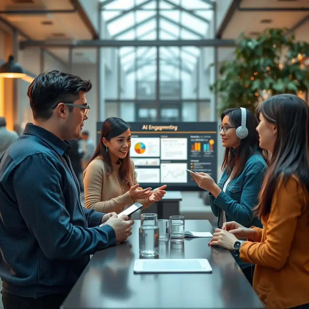 People discussing engagement surveys with AI tools displayed.