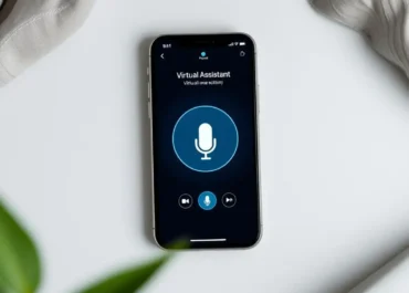 Smartphone displaying virtual assistant interface with voice activation.