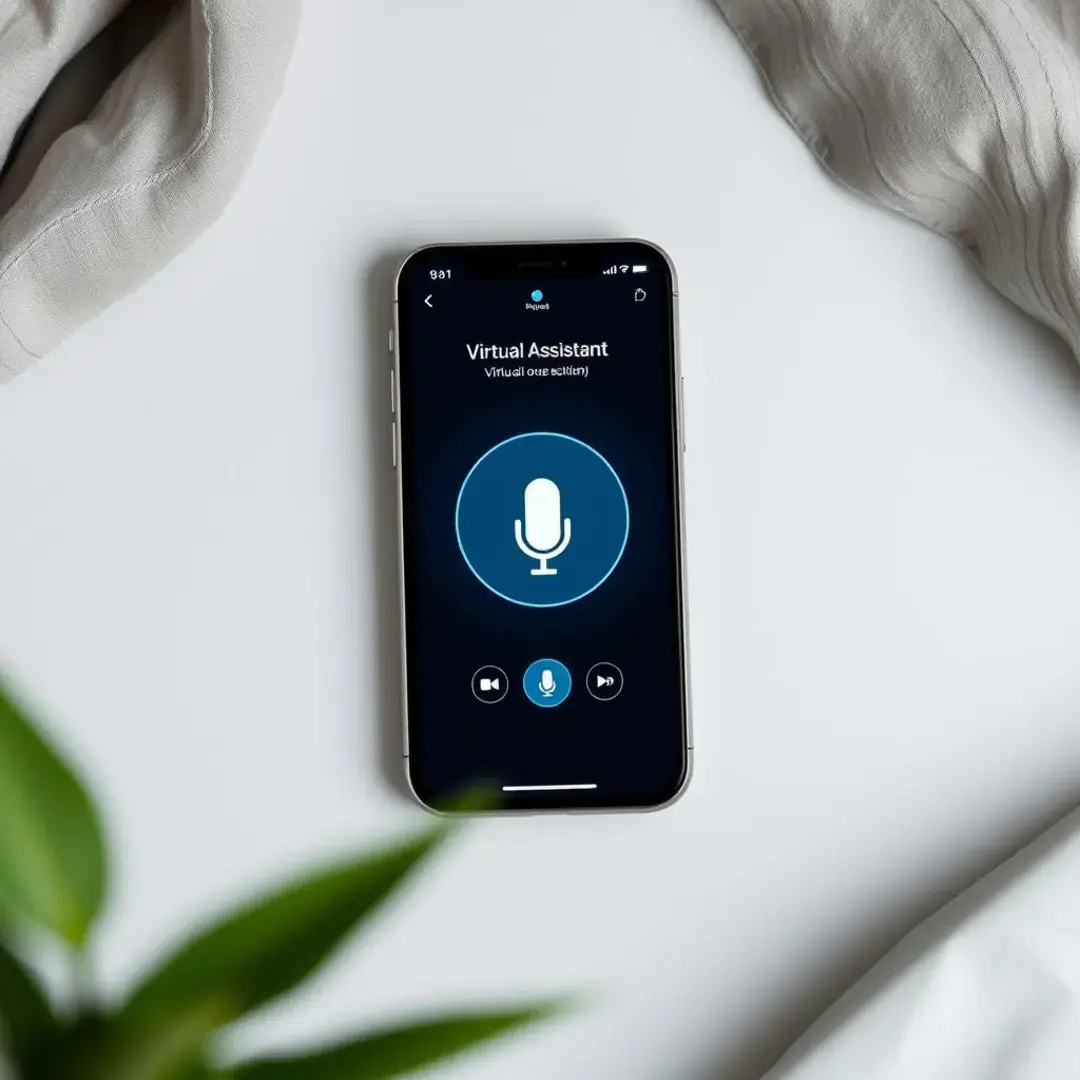 Smartphone displaying virtual assistant interface with voice activation.