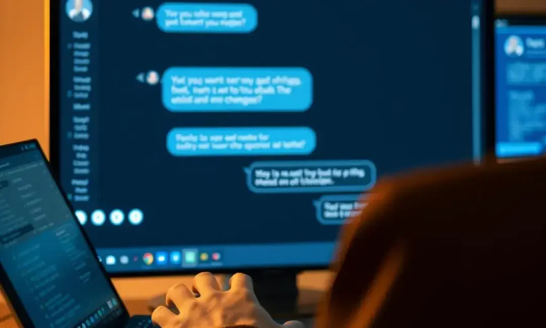 Chatbot interface on screen, user typing, conversation bubbles visible.