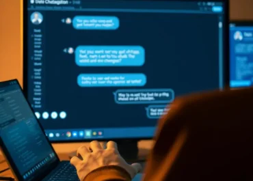 Chatbot interface on screen, user typing, conversation bubbles visible.