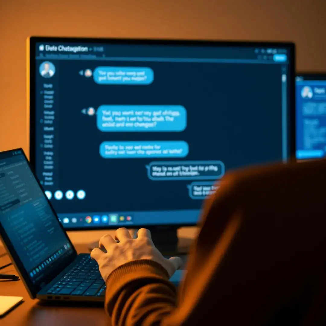 Chatbot interface on screen, user typing, conversation bubbles visible.