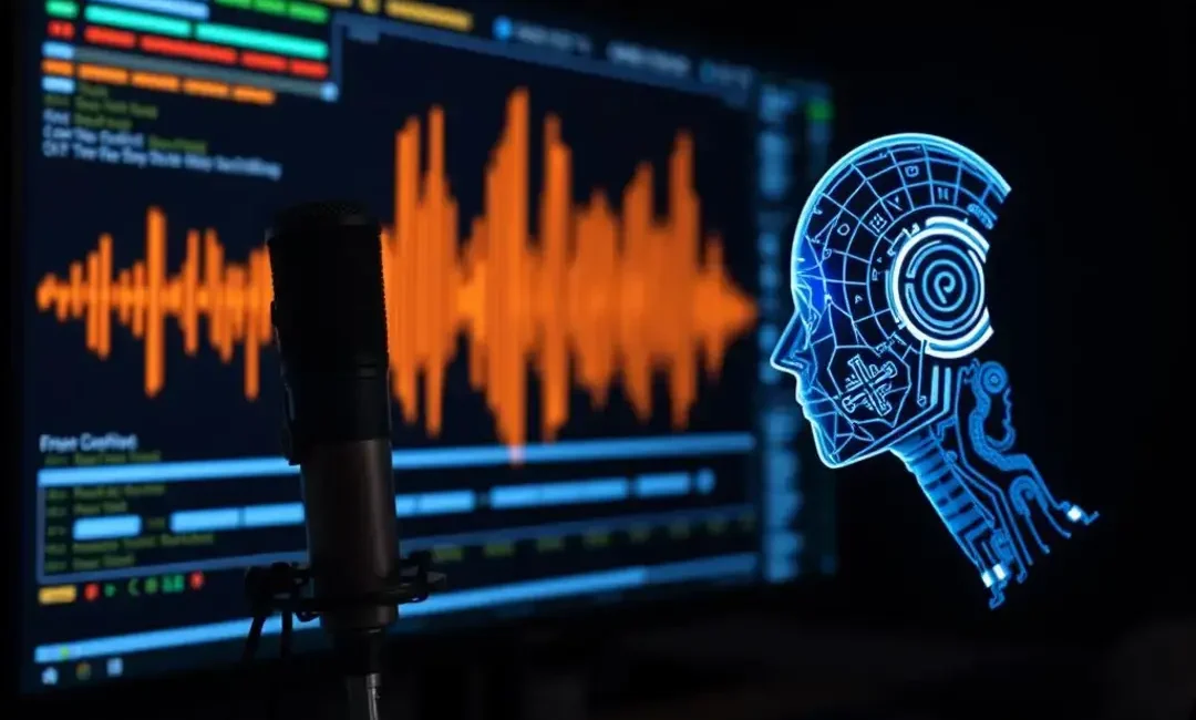 Microphone, waveform, digital interface, user speaking, AI response.