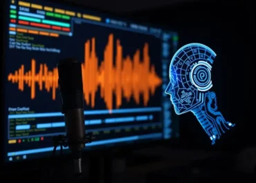 Microphone, waveform, digital interface, user speaking, AI response.