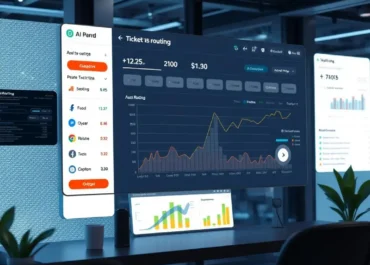 AI interface displaying ticket routing options and analytics.