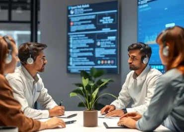 Team members discussing AI tools for sentiment analysis.