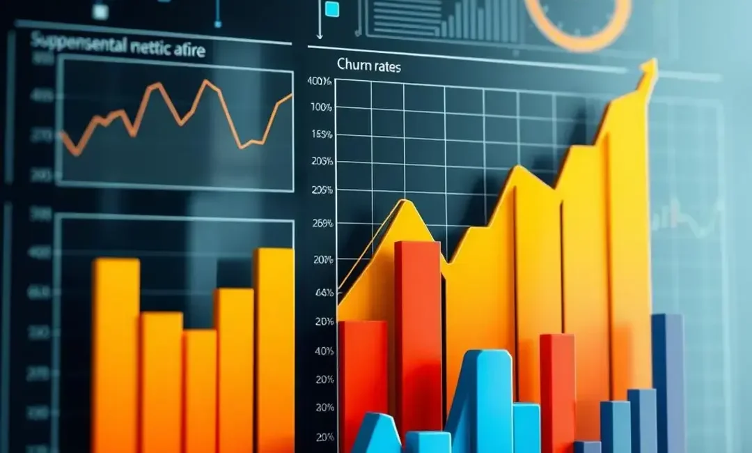 Graphs depicting churn rates, customer data analytics, AI algorithms.