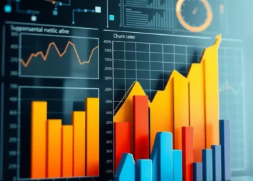 Graphs depicting churn rates, customer data analytics, AI algorithms.