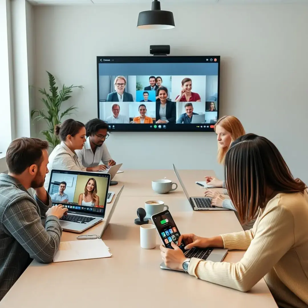 Laptops, smartphones, video conferencing, collaboration tools, diverse team members.