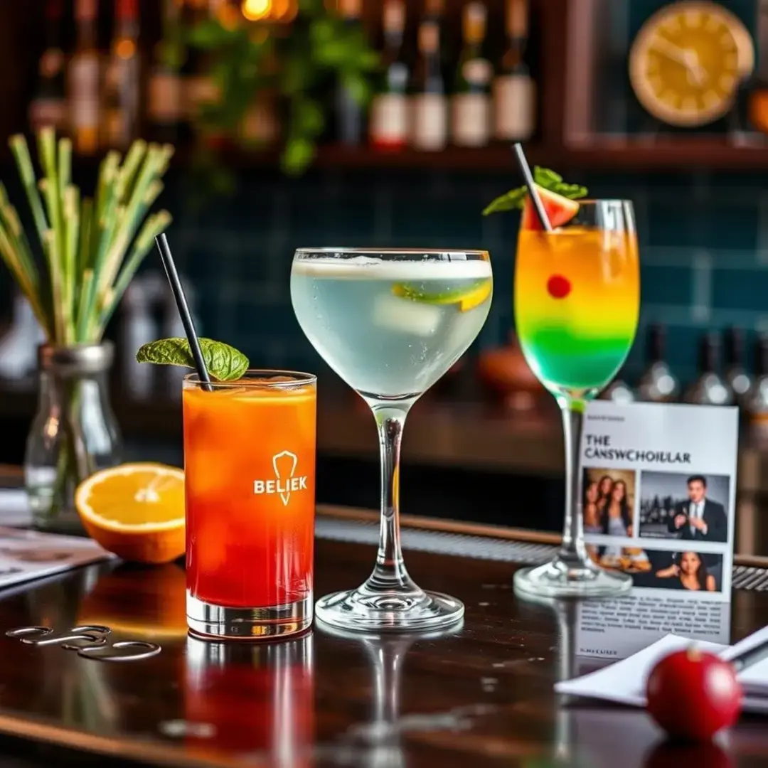 Colorful cocktails, engaging blog snippets, bar branding elements.