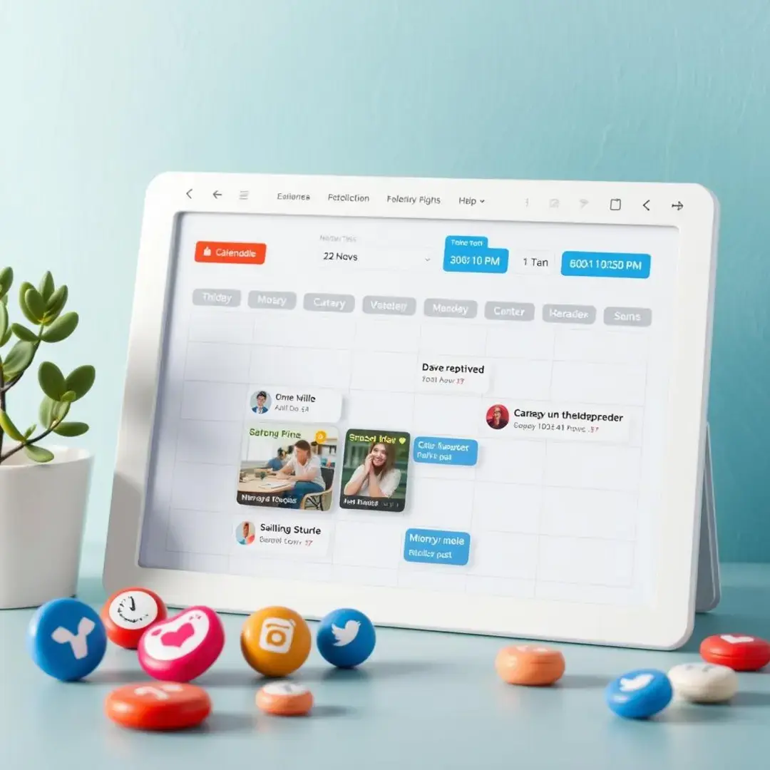 Calendar interface with scheduled posts and social media icons.