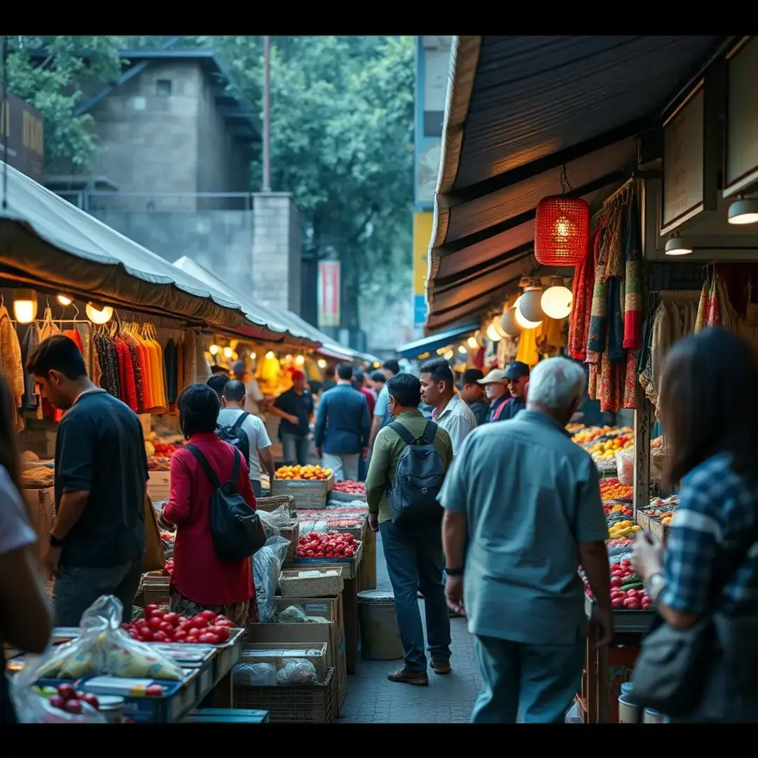 Vendors selling goods, customers browsing, vibrant market atmosphere.