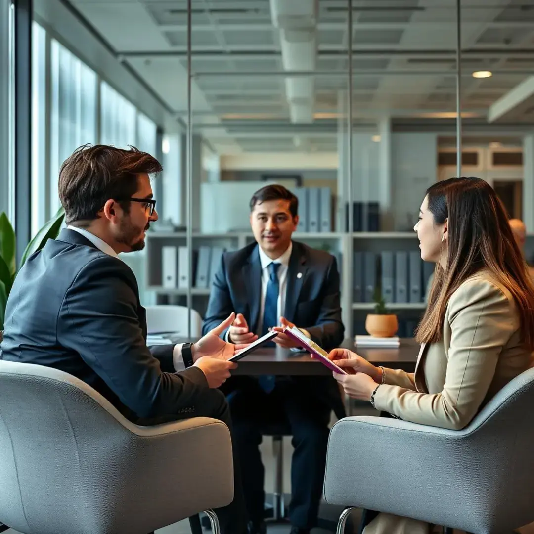 Startup attorney discussing strategies with entrepreneurs in an office.