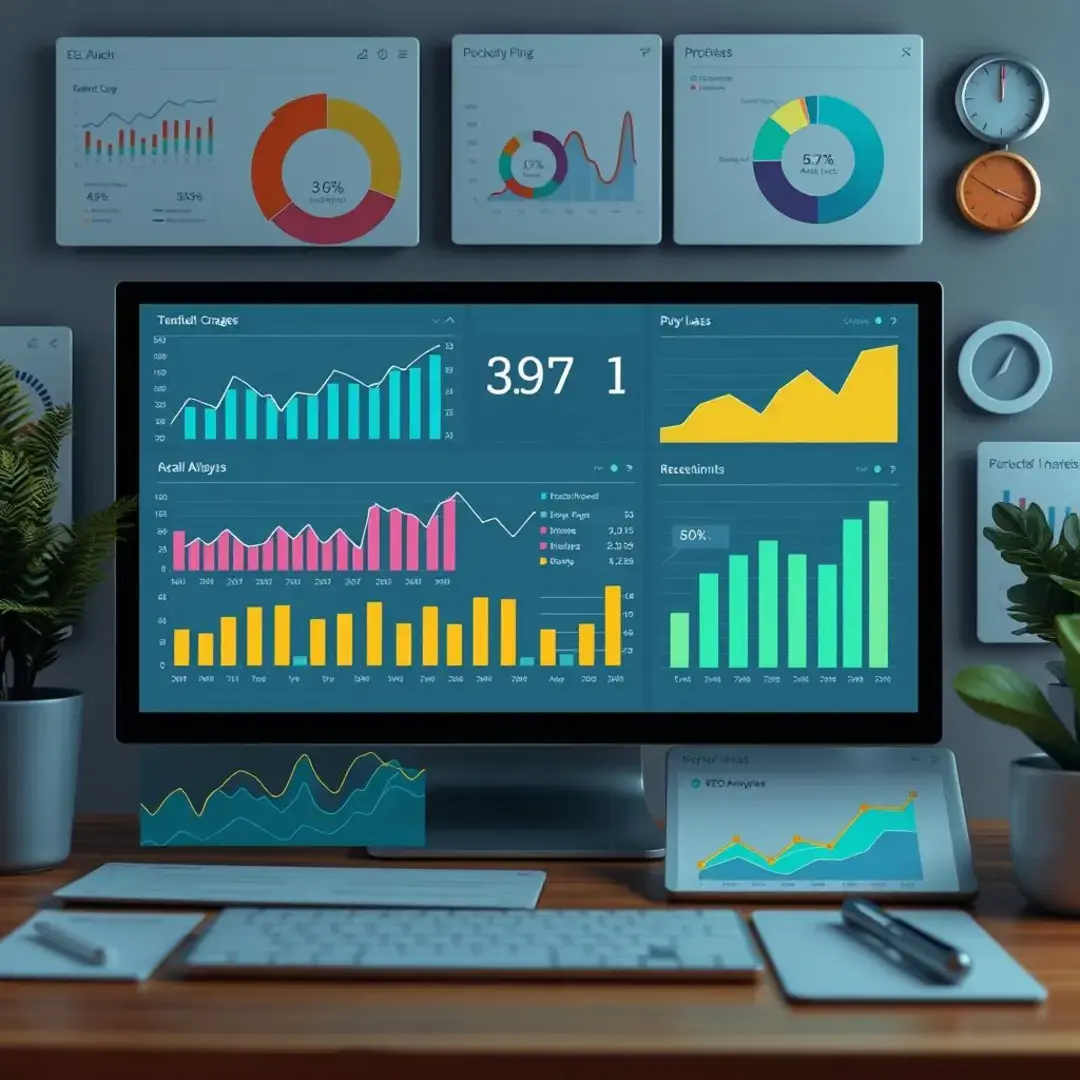 Graphs, charts, and analytics dashboard displaying SEO metrics.