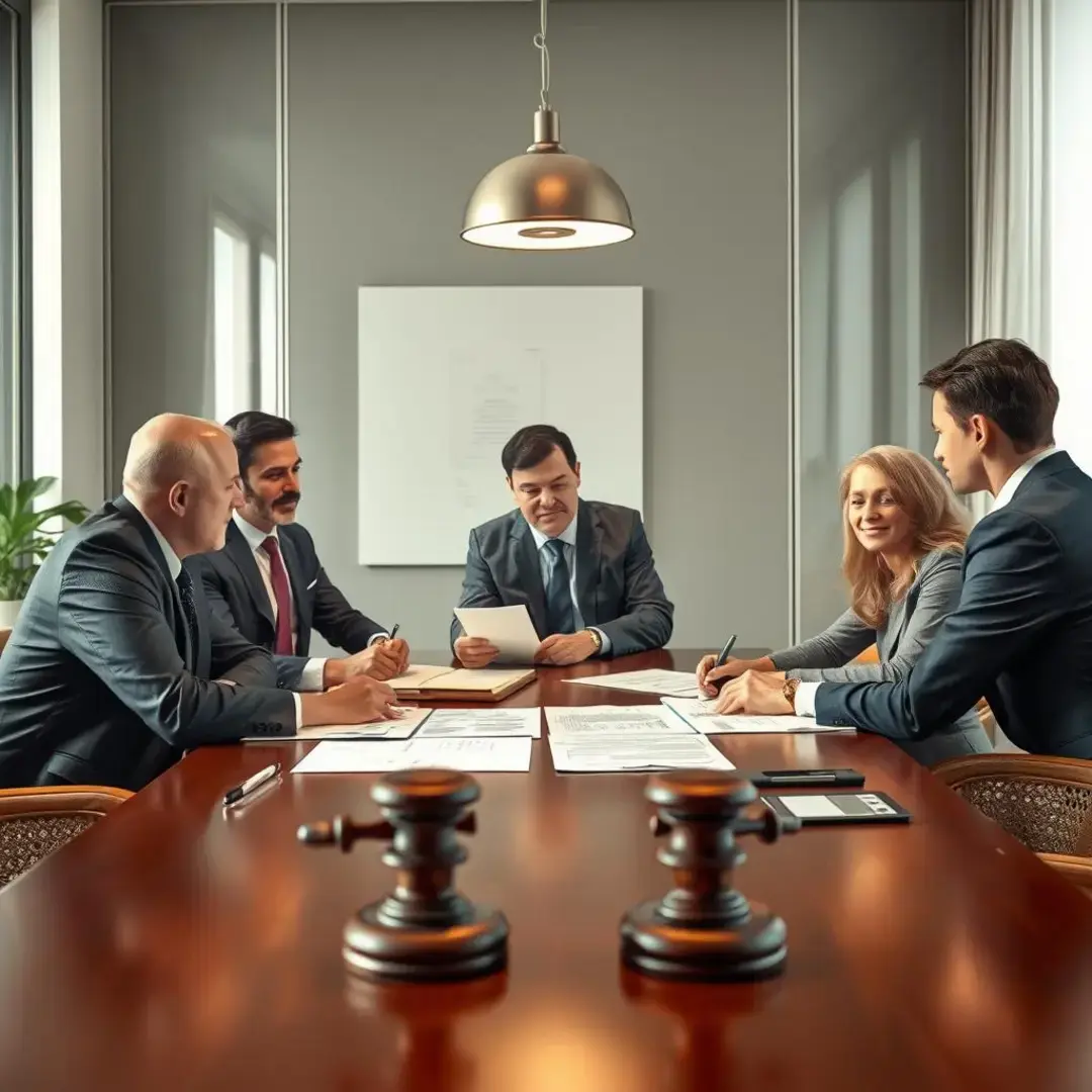 Legal documents, negotiation table, diverse team discussing strategies.