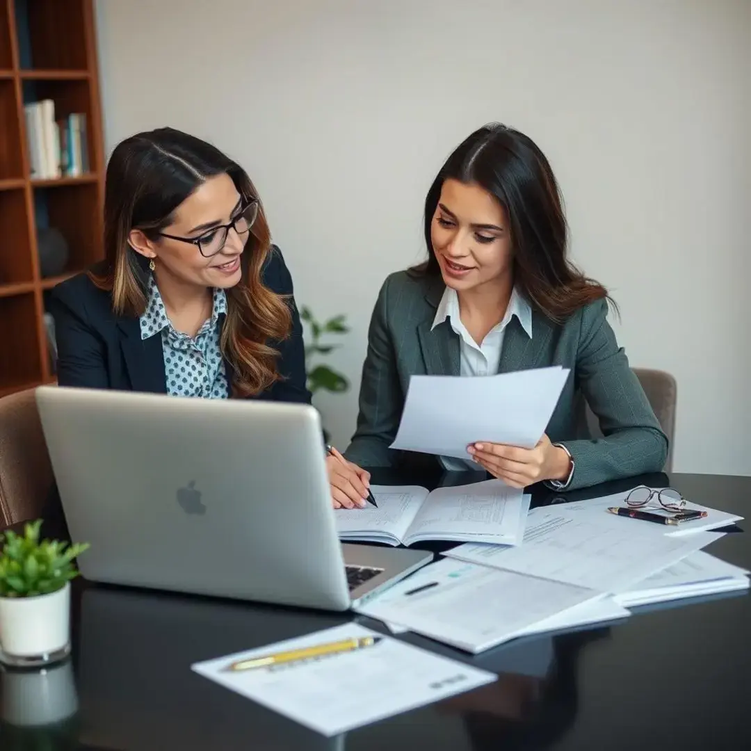 Two people discussing plans over documents and a laptop.