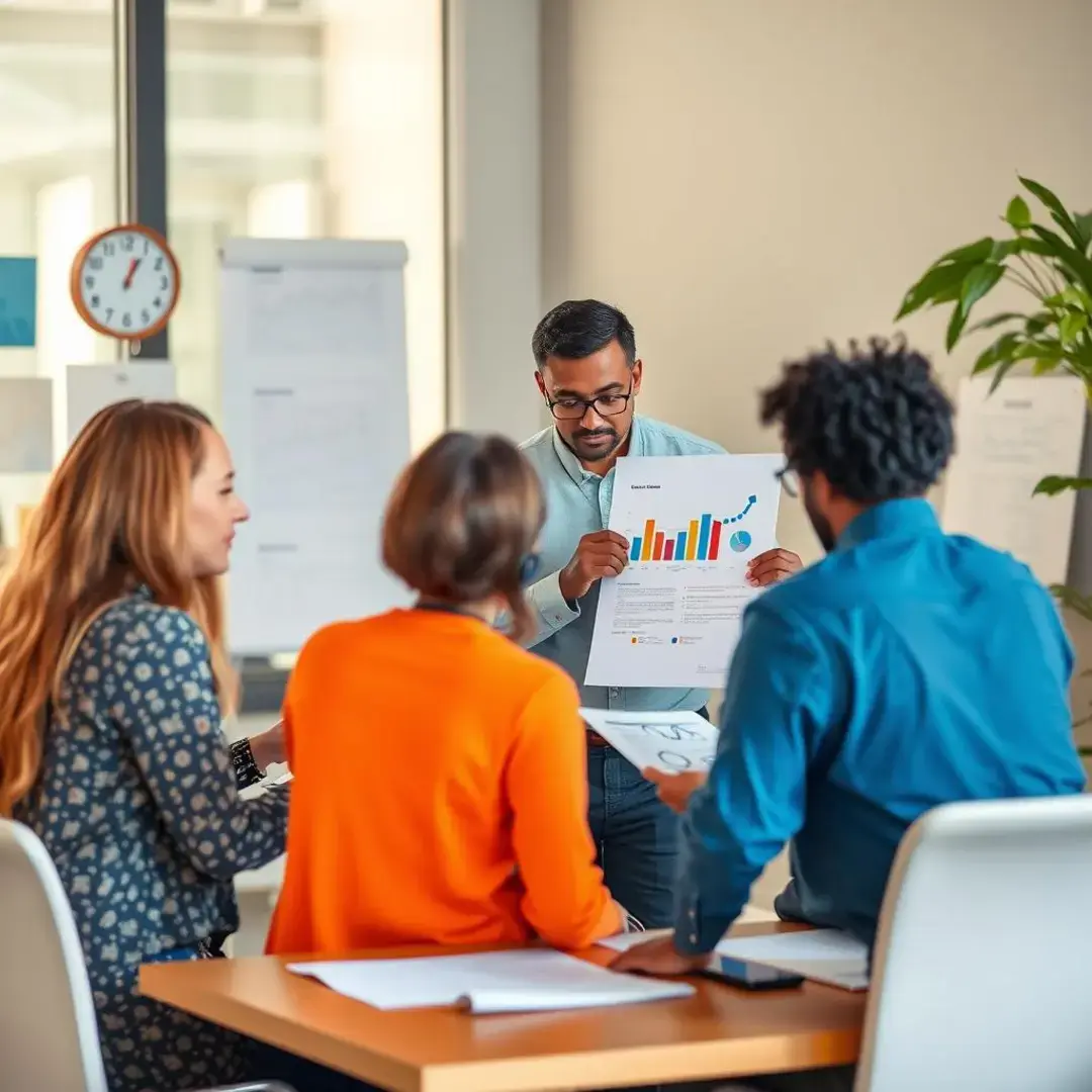 Diverse team collaborating, documents, charts, and partnership agreements present.