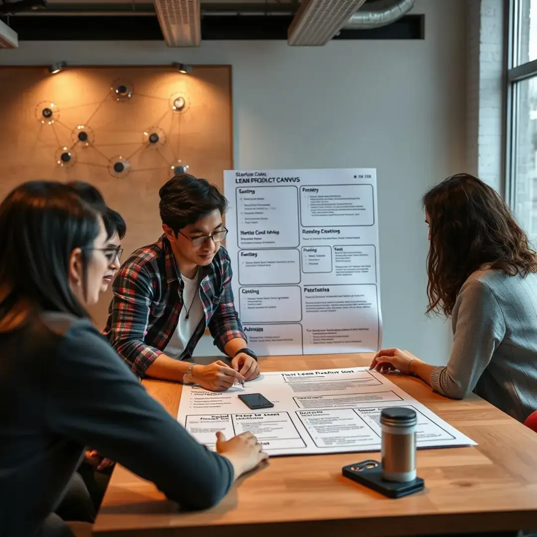 Startup team collaborating on Lean Product Canvas strategy.