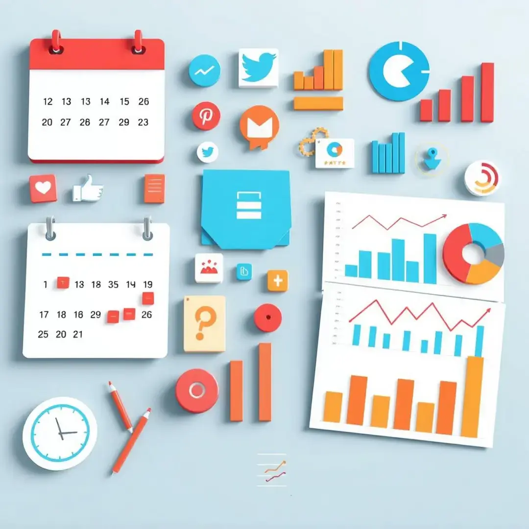 Calendar, social media icons, analytics graphs, strategic planning.