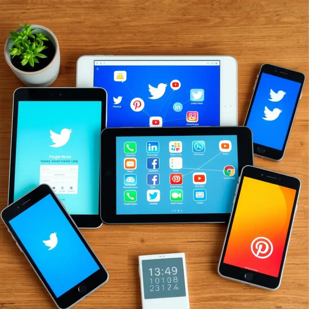 Diverse devices displaying interconnected social media platforms.