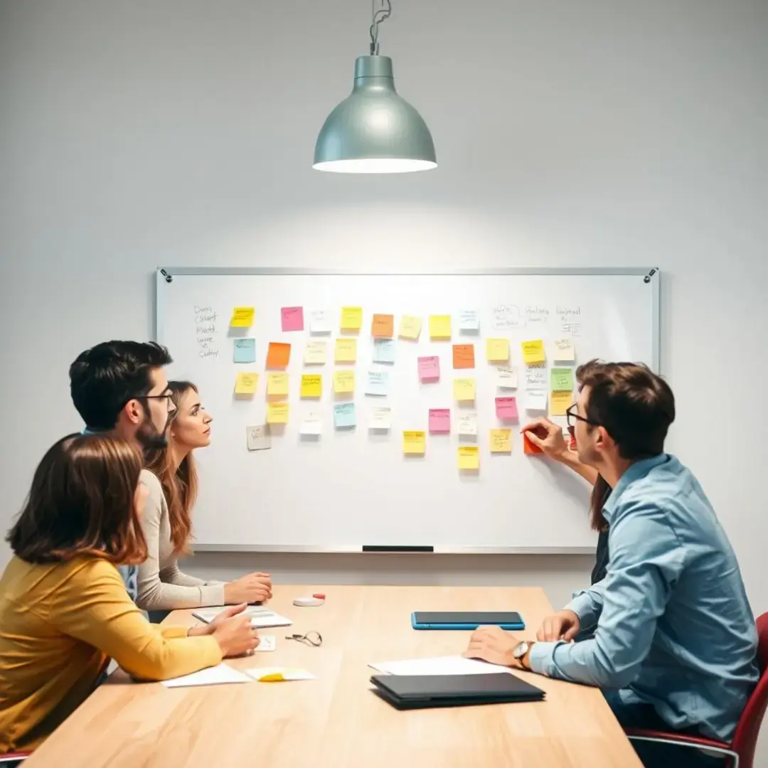 Team brainstorming around a whiteboard with sticky notes.