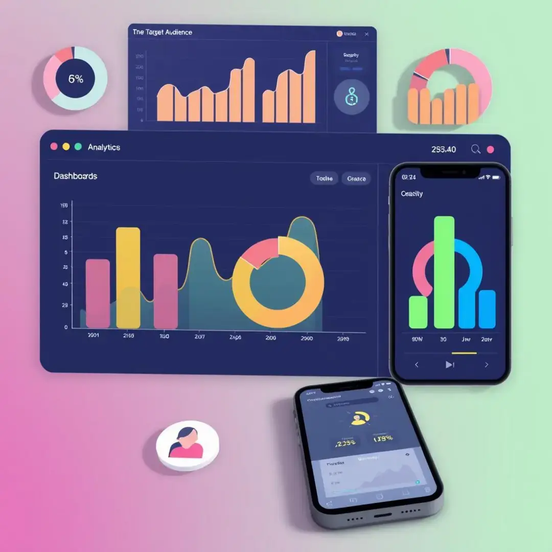 Graphs, analytics dashboards, target audience icons, mobile screens.