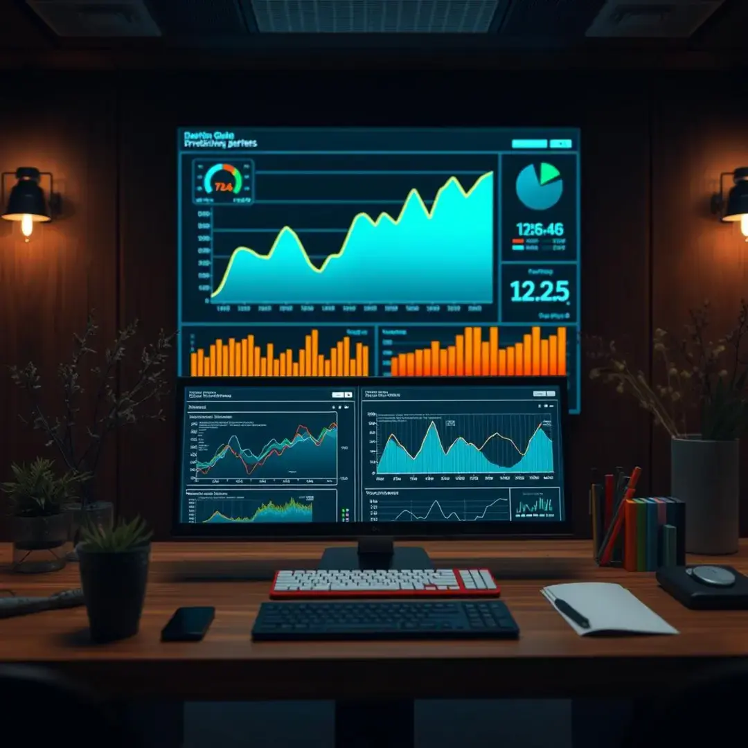 Graphs, data analytics, user interface, predictive models, charts.