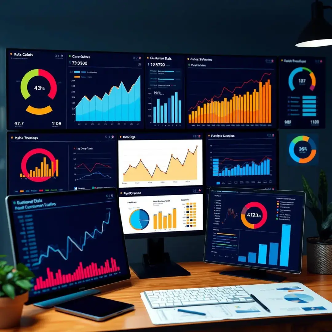 Graphs, charts, and dashboards displaying customer data analytics.