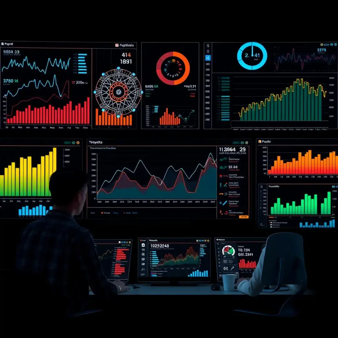 Graphs, charts, AI algorithms, users analyzing data, dashboards.