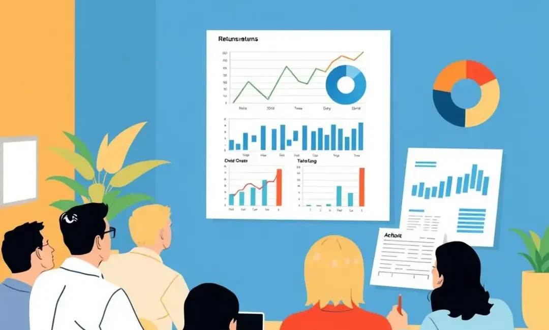 Graphs showing returns, charts, and startup team discussions.