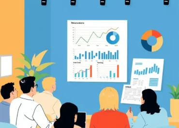 Graphs showing returns, charts, and startup team discussions.