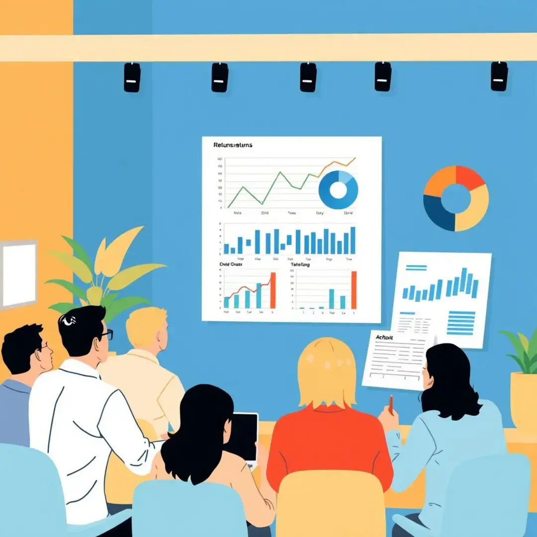 Graphs showing returns, charts, and startup team discussions.