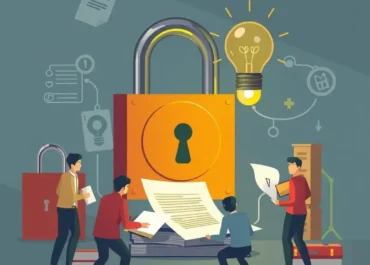 Lock, documents, lightbulb, teamwork, strategy, security measures, innovation.