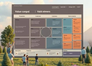 Business model canvas highlighting value proposition, customers, revenue streams.