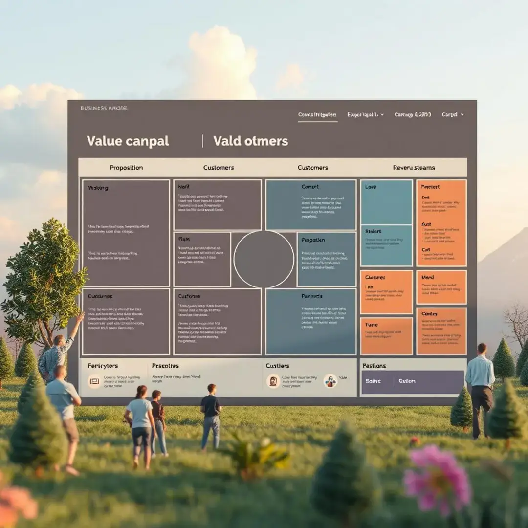 Business model canvas highlighting value proposition, customers, revenue streams.