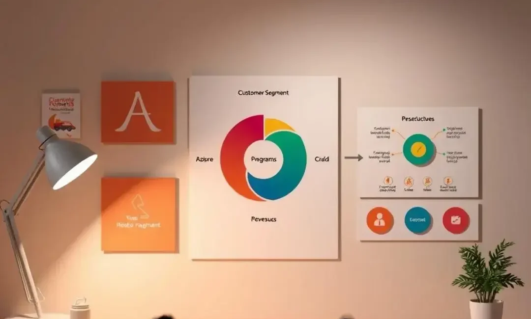 Diagrams illustrating value proposition, customer segments, revenue streams.