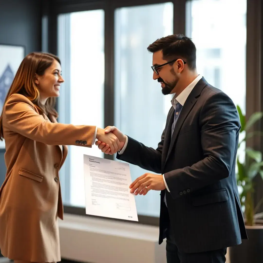 Two people shaking hands over a business document.