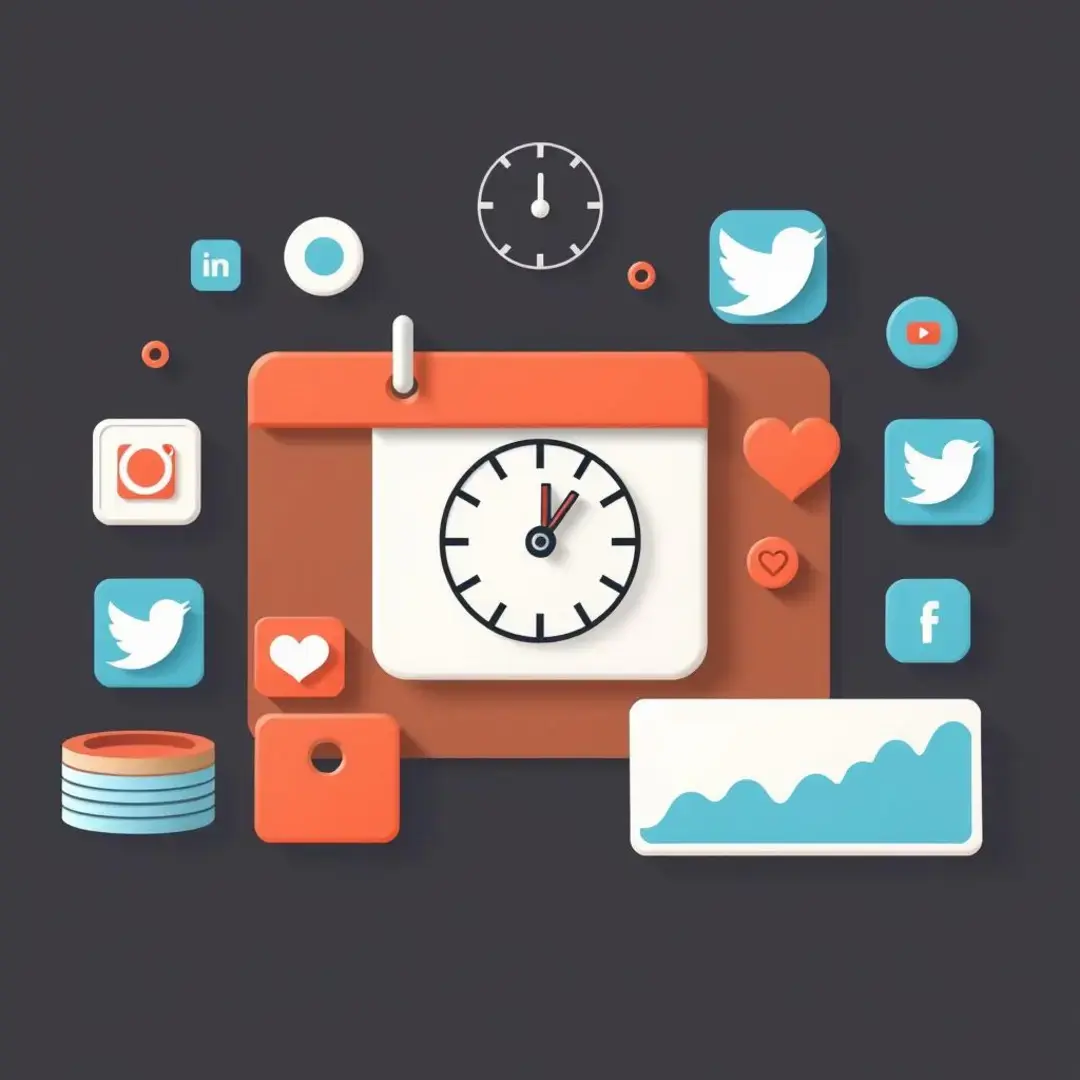 Calendar, clock, social media icons, analytics graphs.