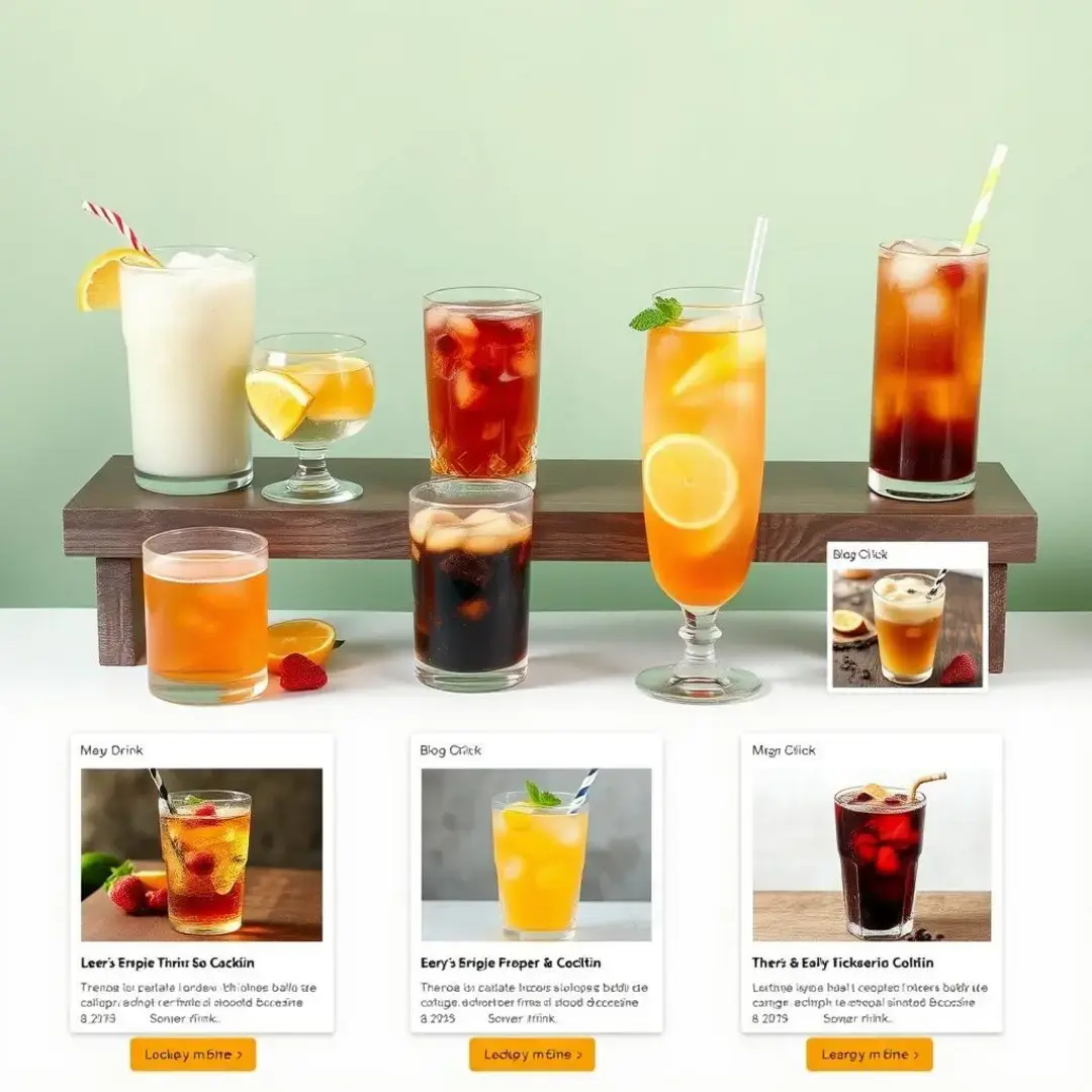 Various drinks displayed, blog articles promoting each beverage.