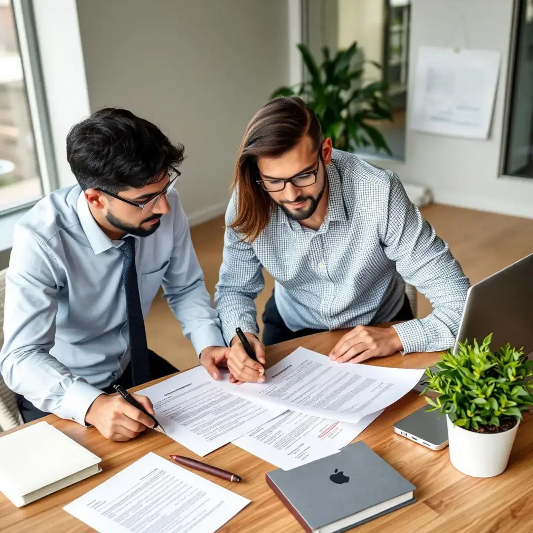 Attorney consulting with startup founders over legal documents.