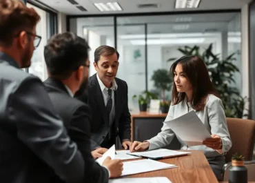 Founders discussing contracts with a legal advisor in an office.